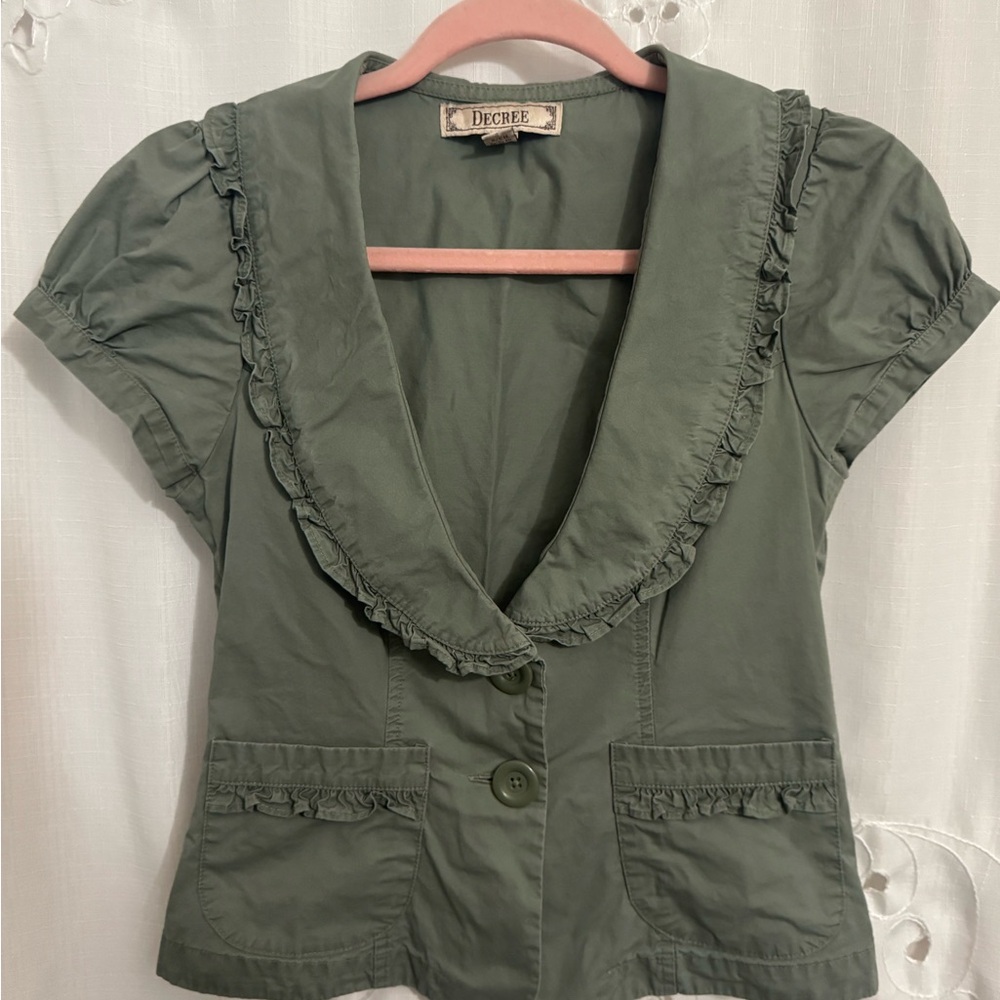 Olive Green Ruffle Trim Blazer, Shawl Collar, Puff Sleeves, Pockets
